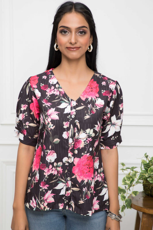 Women's Black Floral V-Neck Regular Sleeves Viscose Rayon Top