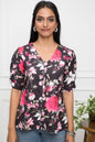 Women's Black Floral V-Neck Regular Sleeves Viscose Rayon Top