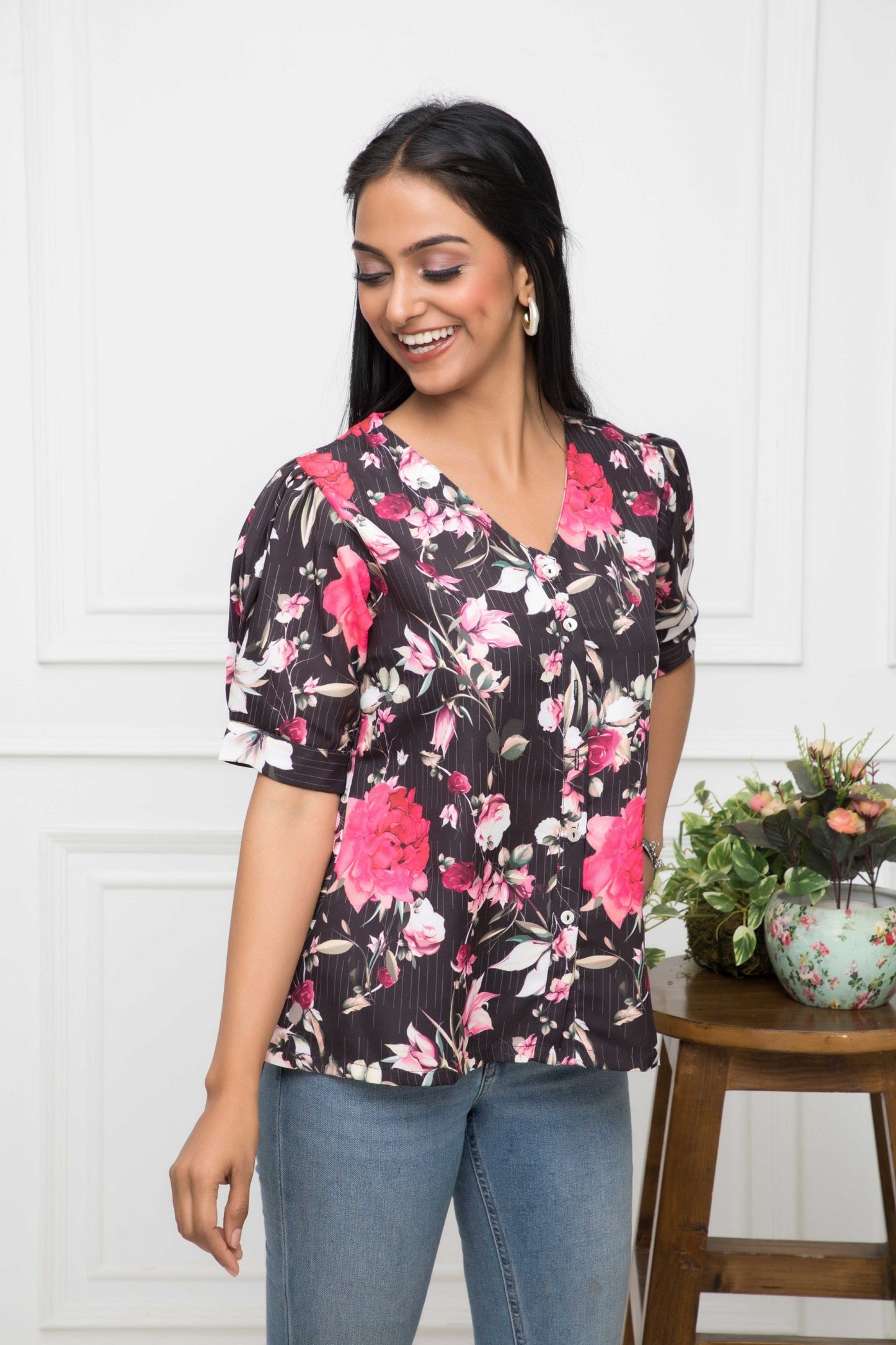 Women's Black Floral V-Neck Regular Sleeves Viscose Rayon Top