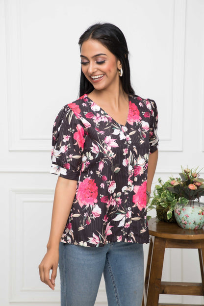 Women's Black Floral V-Neck Regular Sleeves Viscose Rayon Top