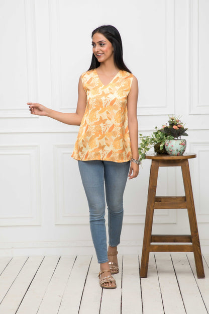 Women's Mustard Floral V-Neck No Sleeves Polyester Top