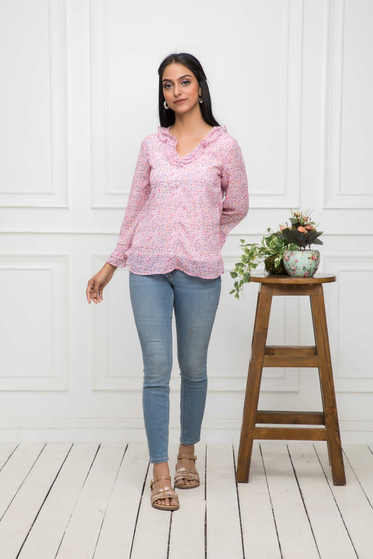Women's Pink Floral V-Neck Regular Sleeves Synthetic Georgette Top