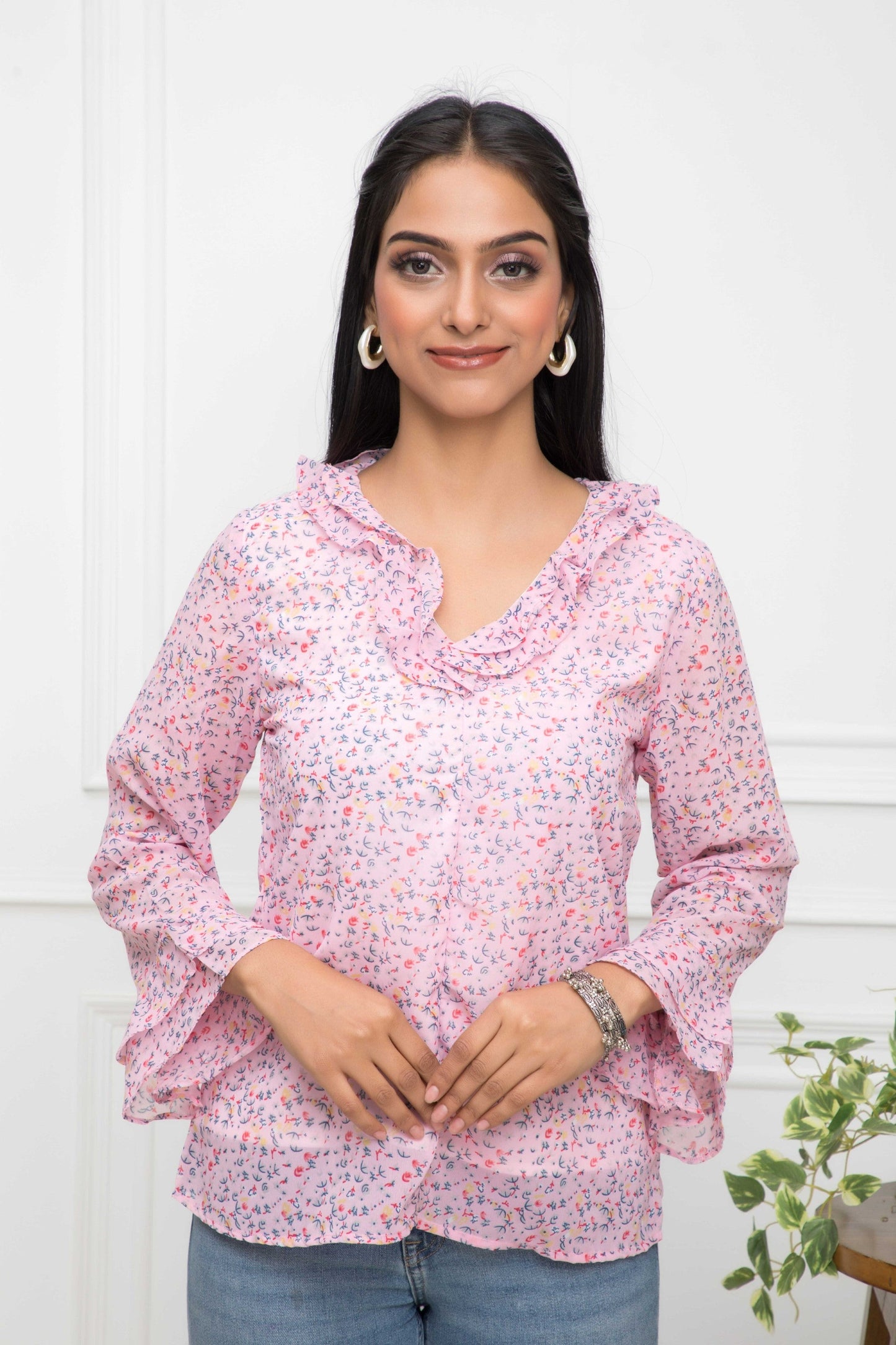Women's Pink Floral V-Neck Regular Sleeves Synthetic Georgette Top