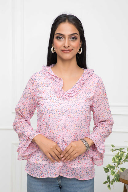 Women's Pink Floral V-Neck Regular Sleeves Synthetic Georgette Top