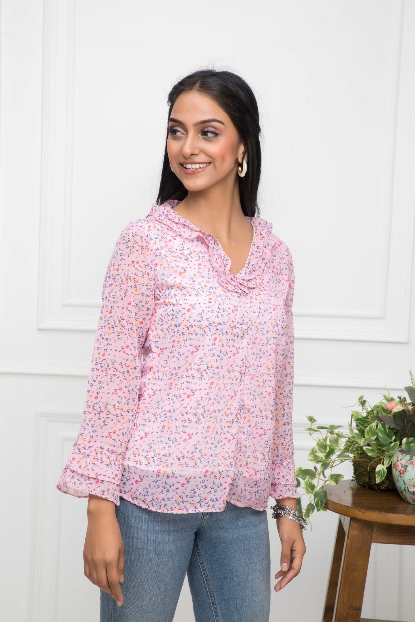 Women's Pink Floral V-Neck Regular Sleeves Synthetic Georgette Top