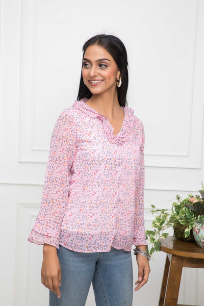 Women's Pink Floral V-Neck Regular Sleeves Synthetic Georgette Top