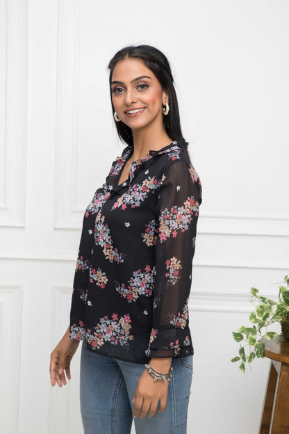 Women's Black Floral V-Neck Regular Sleeves Synthetic Georgette Top