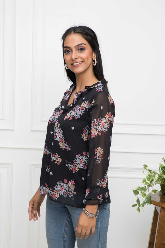 Women's Black Floral V-Neck Regular Sleeves Synthetic Georgette Top