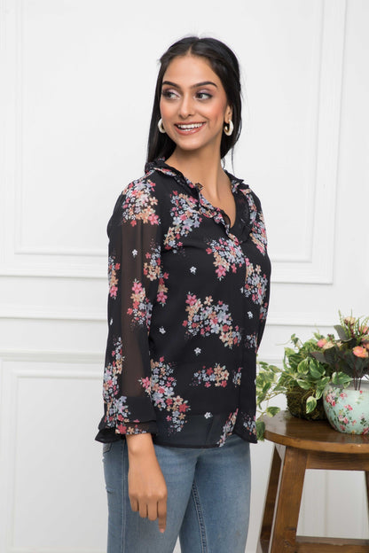 Women's Black Floral V-Neck Regular Sleeves Synthetic Georgette Top