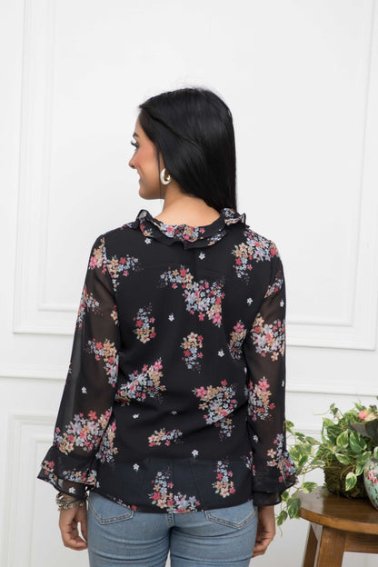 Women's Black Floral V-Neck Regular Sleeves Synthetic Georgette Top