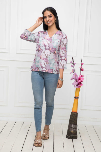 Women's Multi Floral V-Neck Regular Sleeves Viscose Rayon Top