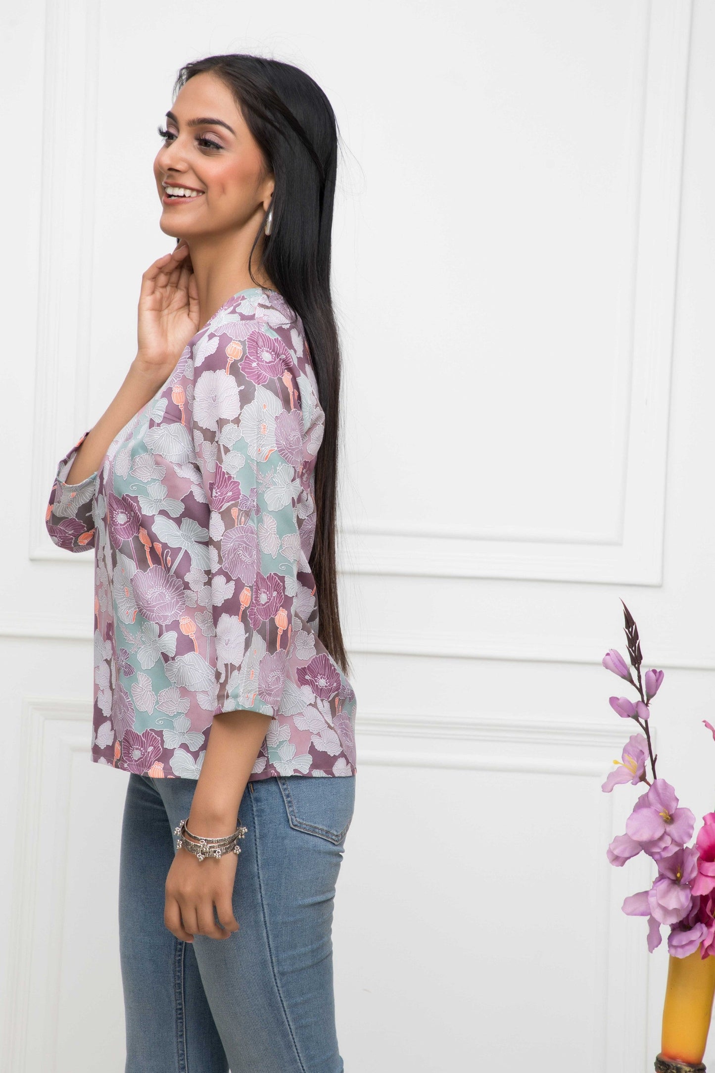 Women's Multi Floral V-Neck Regular Sleeves Viscose Rayon Top