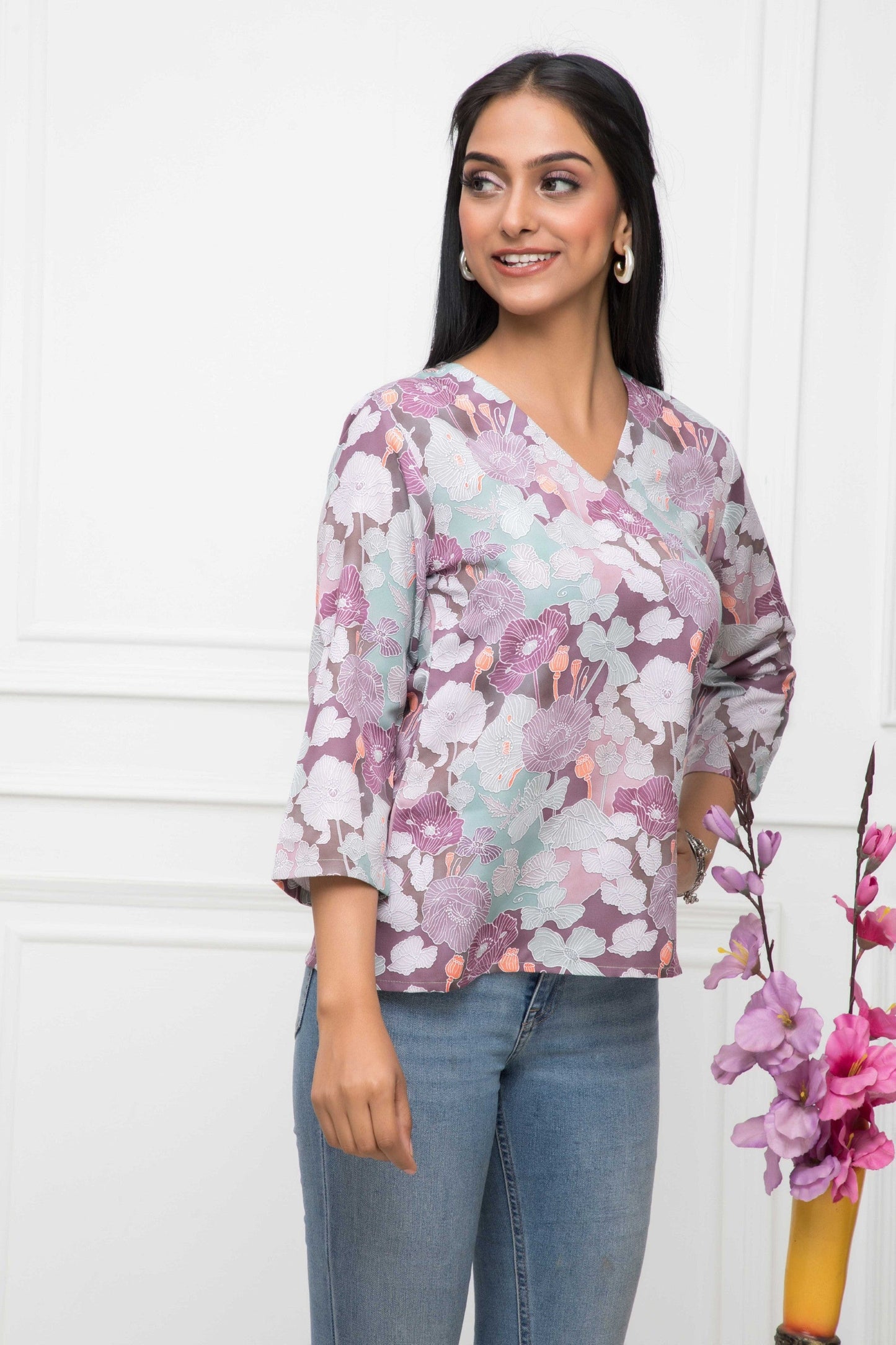Women's Multi Floral V-Neck Regular Sleeves Viscose Rayon Top