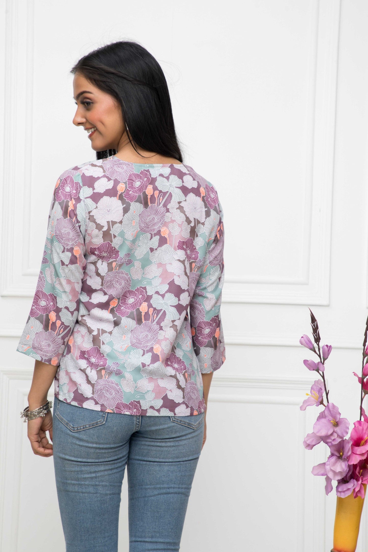 Women's Multi Floral V-Neck Regular Sleeves Viscose Rayon Top