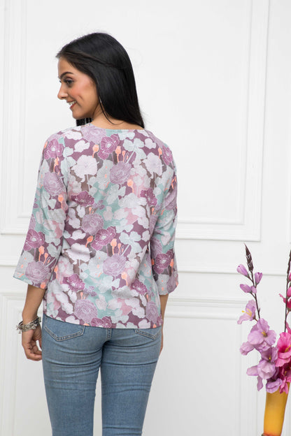 Women's Multi Floral V-Neck Regular Sleeves Viscose Rayon Top