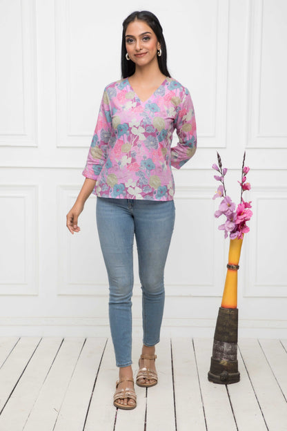 Women's Multi Floral V-Neck Regular Sleeves Viscose Rayon Top