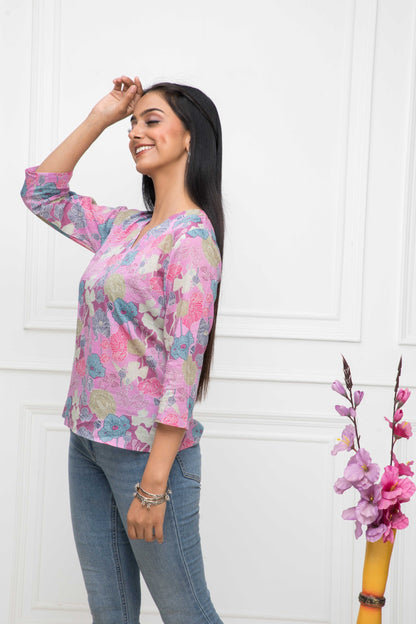 Women's Multi Floral V-Neck Regular Sleeves Viscose Rayon Top