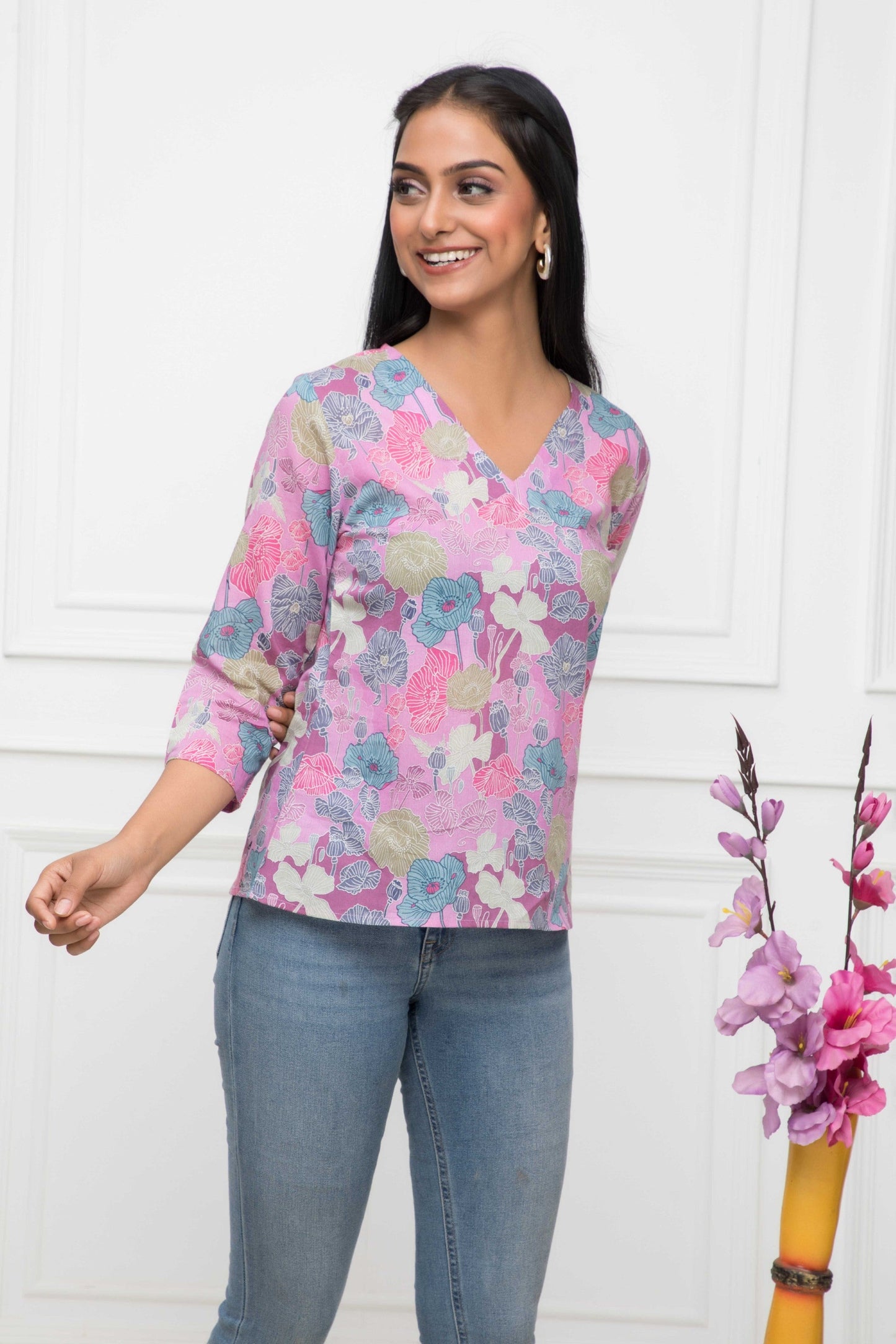 Women's Multi Floral V-Neck Regular Sleeves Viscose Rayon Top