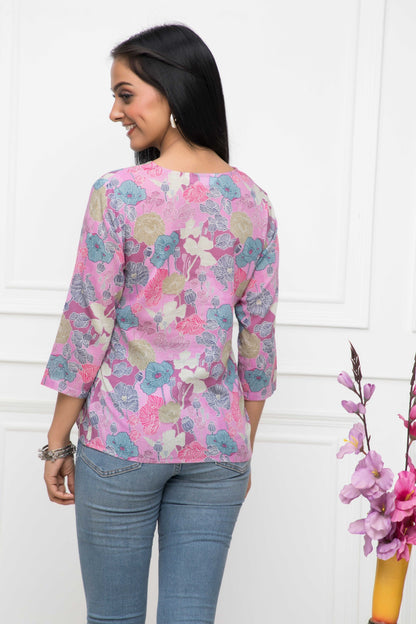 Women's Multi Floral V-Neck Regular Sleeves Viscose Rayon Top