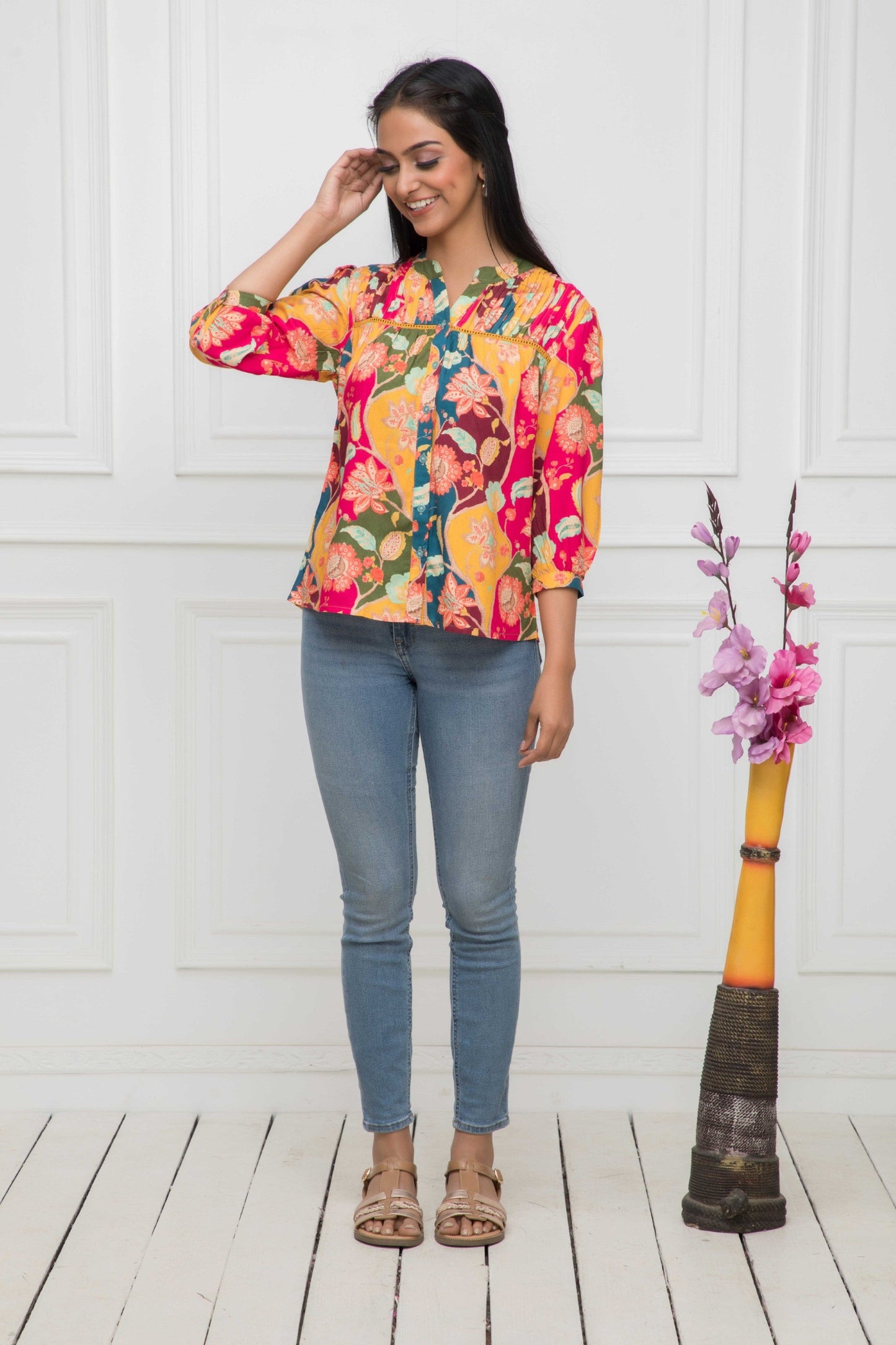 Women's Multi Floral Mandarin Collar Regular Sleeves Viscose Rayon Top