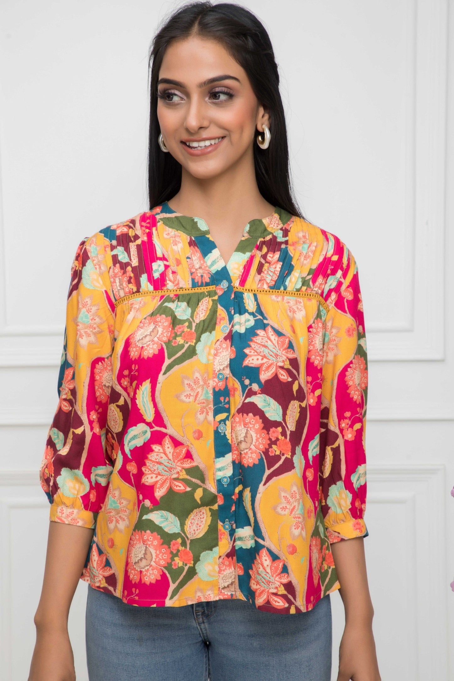 Women's Multi Floral Mandarin Collar Regular Sleeves Viscose Rayon Top