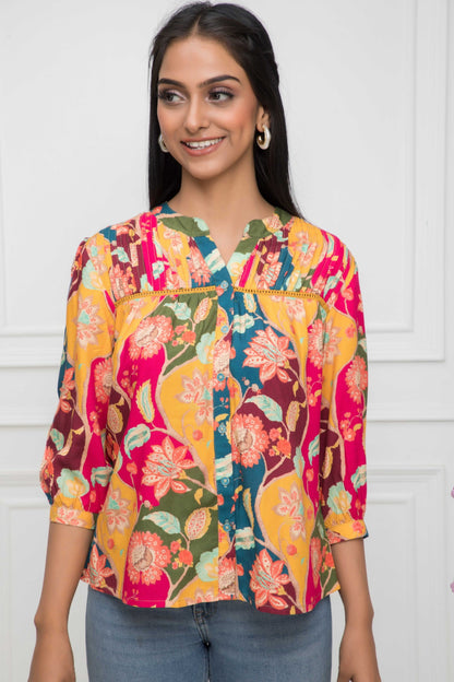 Women's Multi Floral Mandarin Collar Regular Sleeves Viscose Rayon Top