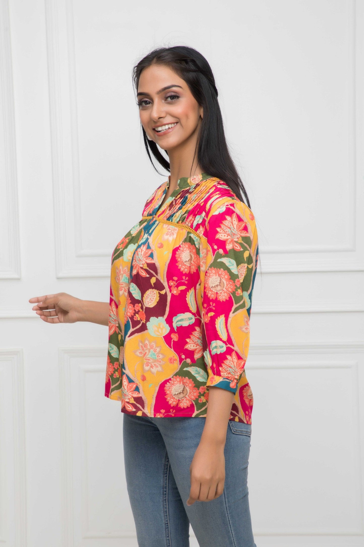 Women's Multi Floral Mandarin Collar Regular Sleeves Viscose Rayon Top