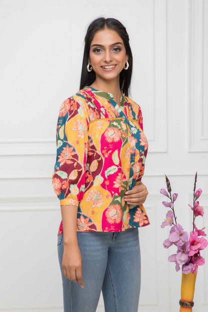 Women's Multi Floral Mandarin Collar Regular Sleeves Viscose Rayon Top