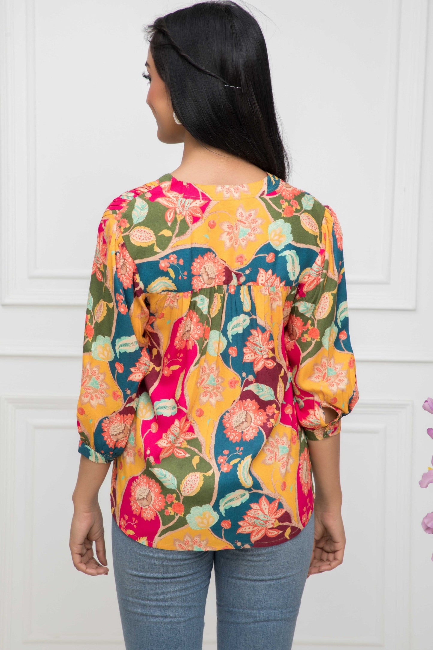 Women's Multi Floral Mandarin Collar Regular Sleeves Viscose Rayon Top
