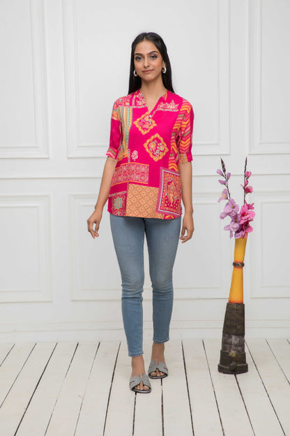Women's Pink Floral Mandarin Collar Regular Sleeves Viscose Rayon Top