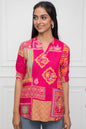 Women's Pink Floral Mandarin Collar Regular Sleeves Viscose Rayon Top