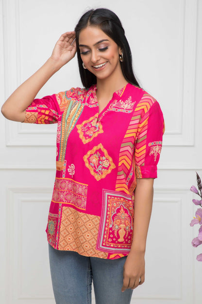 Women's Pink Floral Mandarin Collar Regular Sleeves Viscose Rayon Top