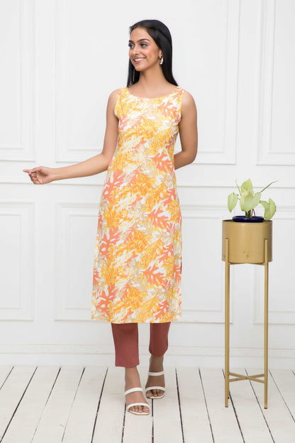Women's Multi Floral Cotton Straight Round Neck Kurtas
