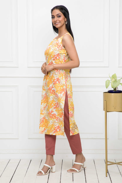 Women's Multi Floral Cotton Straight Round Neck Kurtas