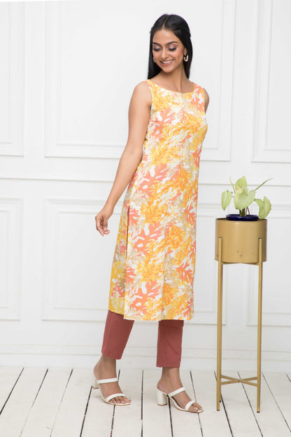 Women's Multi Floral Cotton Straight Round Neck Kurtas