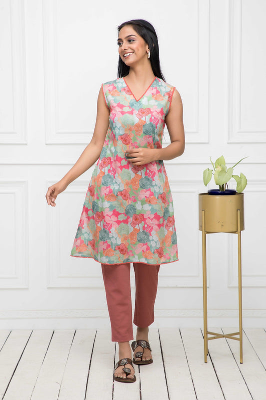 Women's Multi Floral Rayon A-Line V-Neck Kurtis