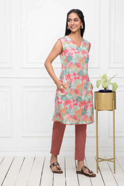 Women's Multi Floral Rayon A-Line V-Neck Kurtis