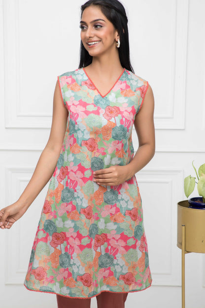 Women's Multi Floral Rayon A-Line V-Neck Kurtis
