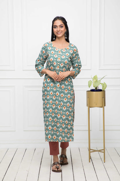 Women's Multi Floral Cotton Straight Round Neck Kurtas