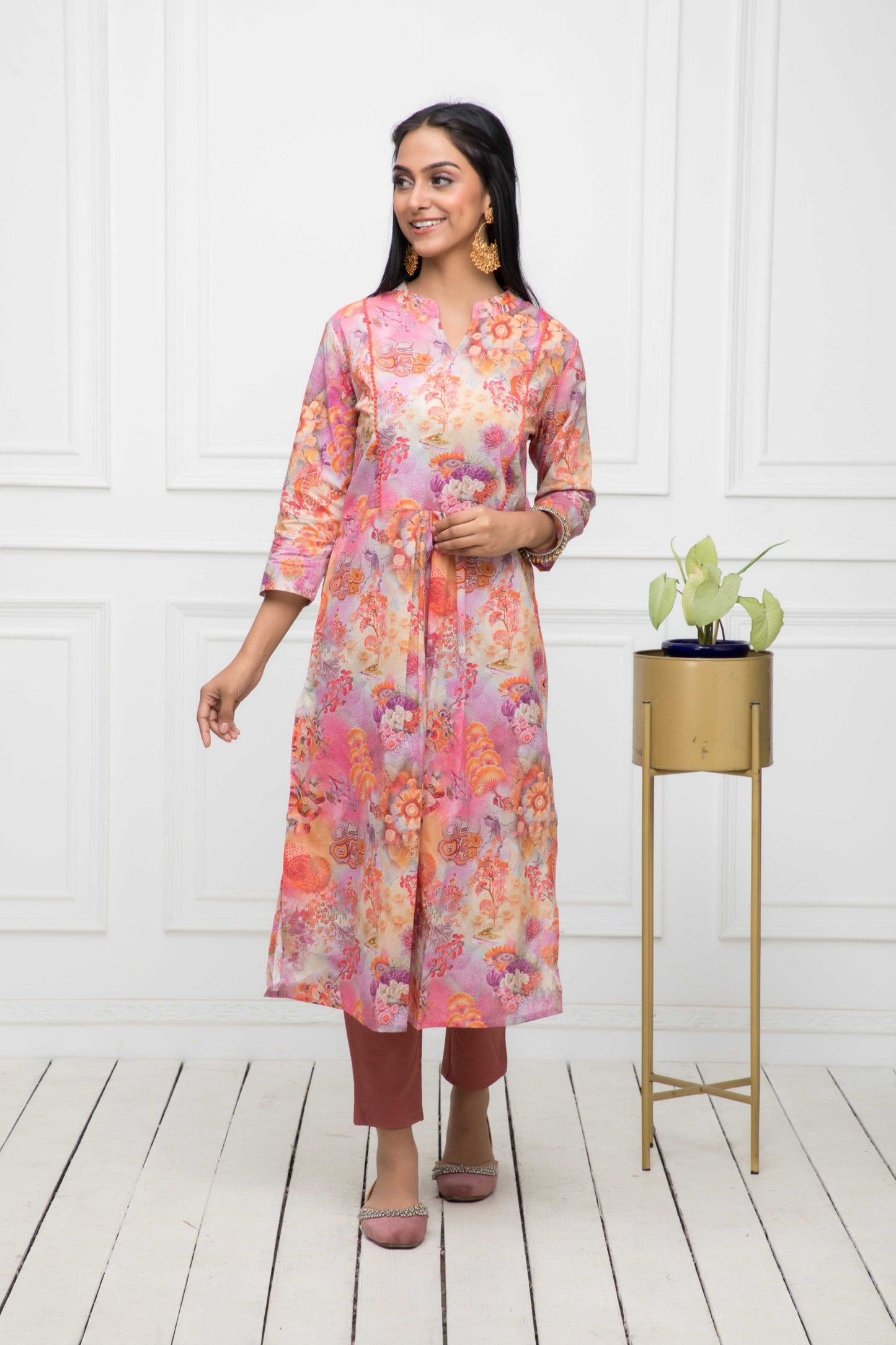 Women's Multi Floral Cotton A-Line Round Neck Kurtas