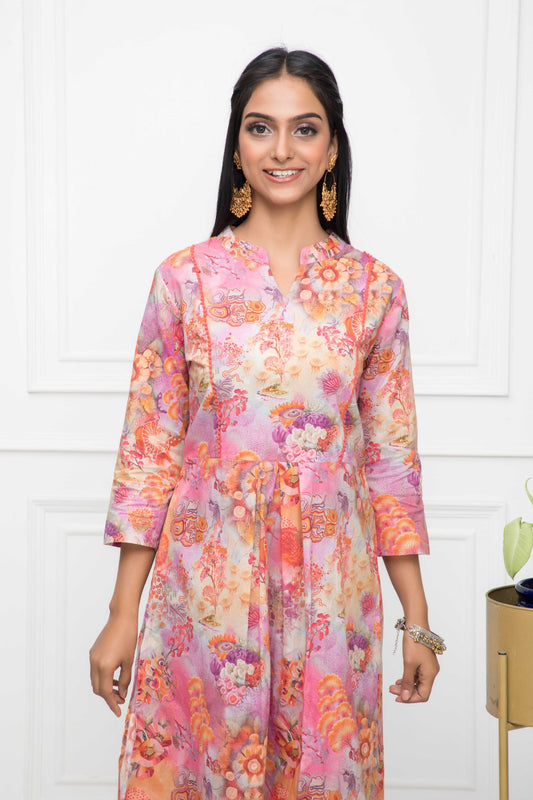 Women's Multi Floral Cotton A-Line Round Neck Kurtas