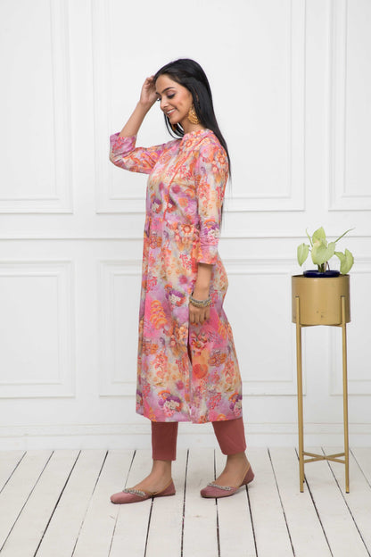 Women's Multi Floral Cotton A-Line Round Neck Kurtas