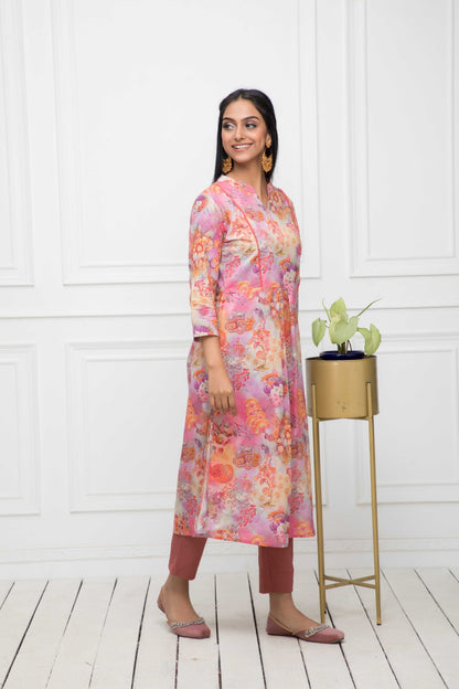 Women's Multi Floral Cotton A-Line Round Neck Kurtas