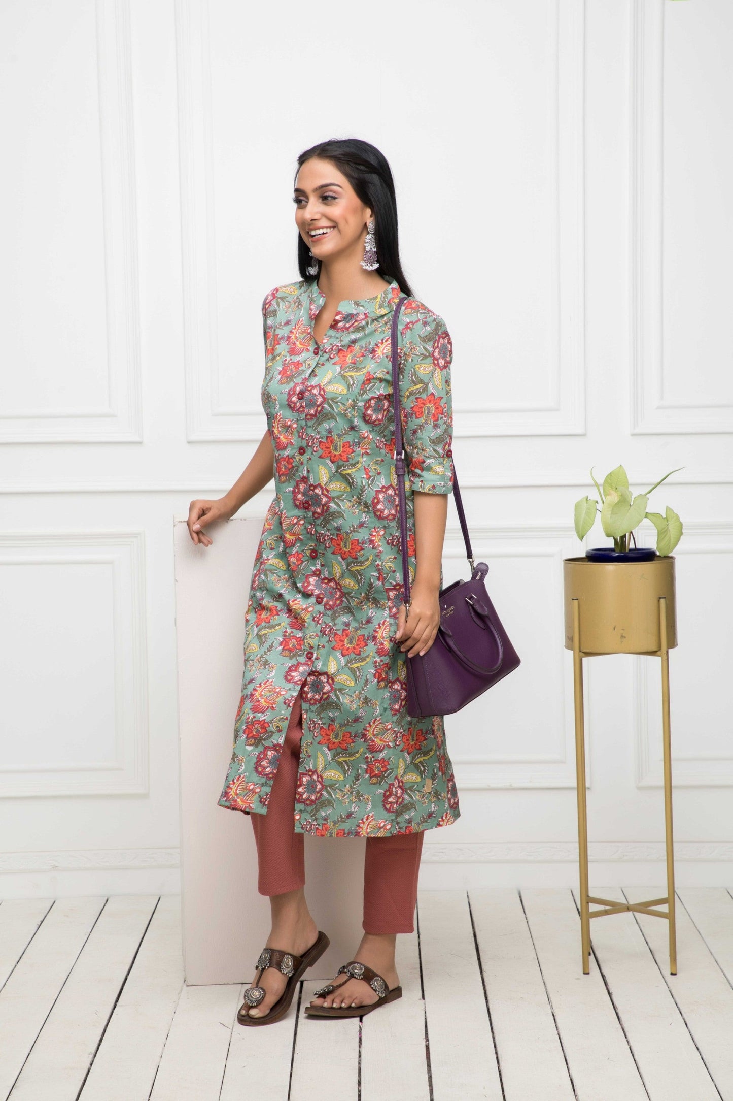Women's Multi Solid Cotton A-Line Round Neck Kurtas