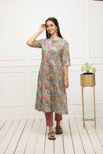 Women's Multi Solid Cotton A-Line Round Neck Kurtas