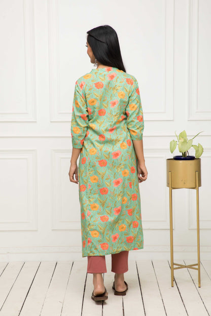 Women's Green Floral Rayon A-Line Round Neck Kurtas