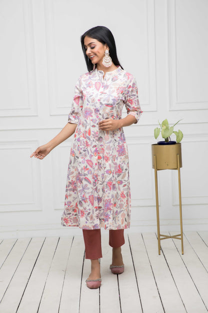 Women's Multi Floral Cotton A-Line Round Neck Kurtas