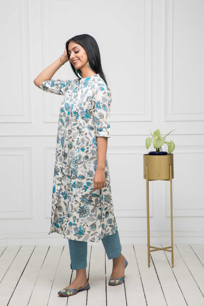 Women's Multi Floral Cotton A-Line Mandarin Collar Kurtas