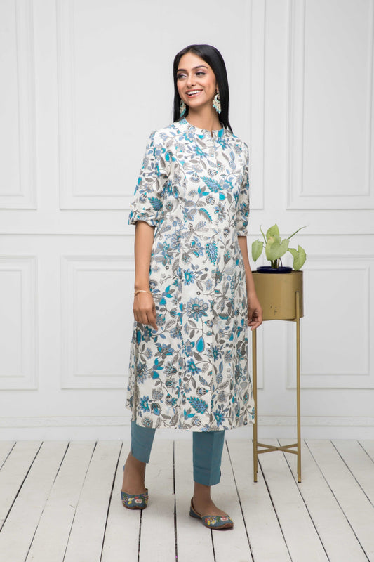 Women's Multi Floral Cotton A-Line Mandarin Collar Kurtas