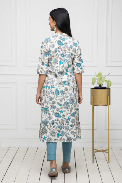 Women's Multi Floral Cotton A-Line Mandarin Collar Kurtas